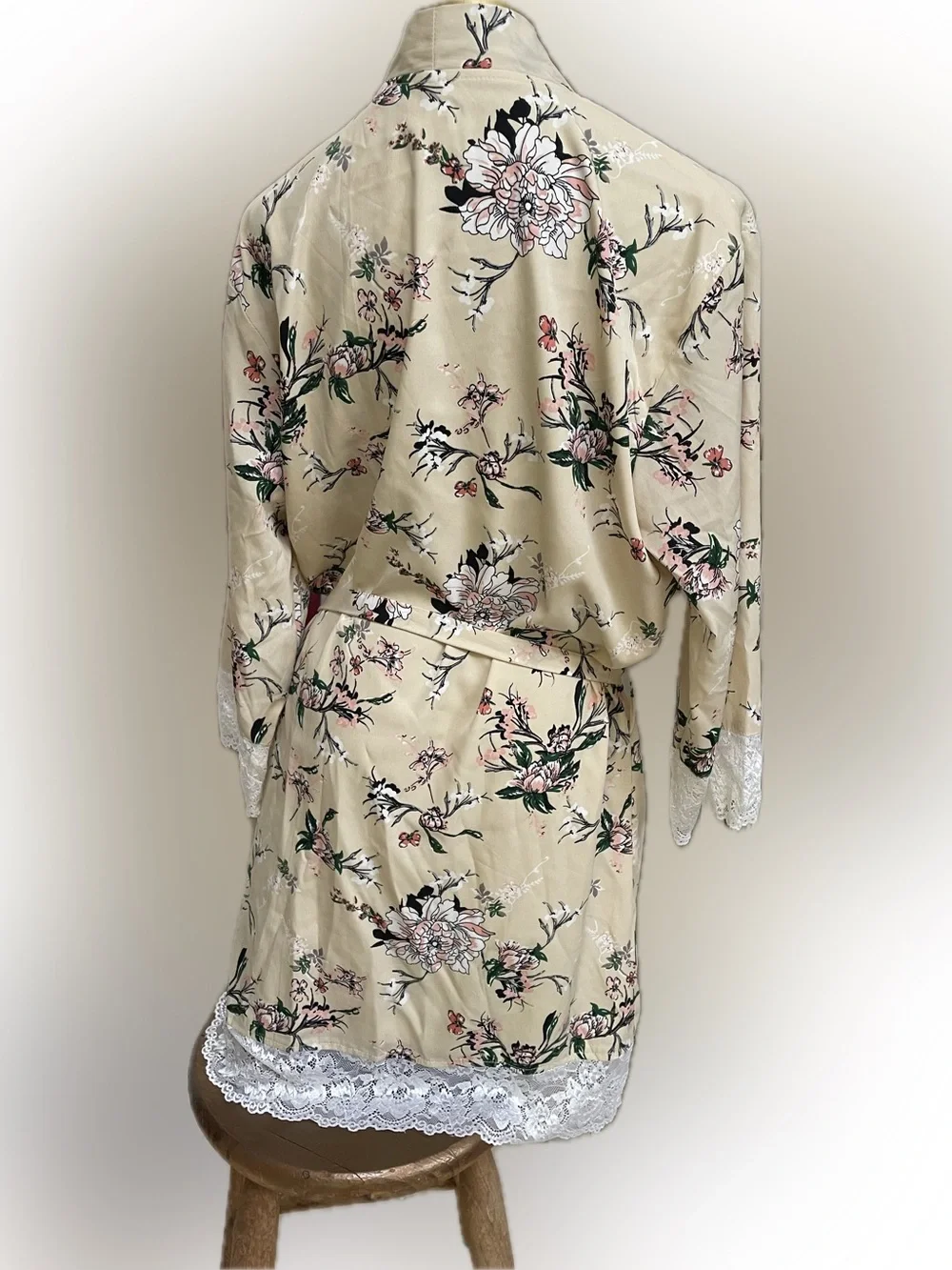 Beautiful Silken Floral Rose & Cream wrap robe with green accents, & lace trim